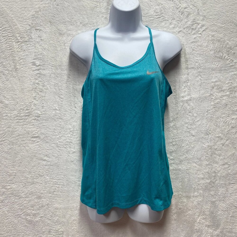 Nike Dri-Fit Tank Top Women Medium Blue Swoosh Scoop Neck Run Gym Yoga Racerback